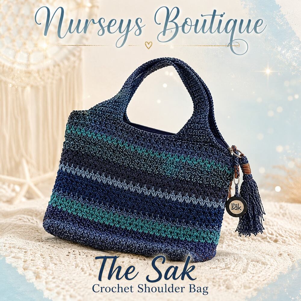 The Sak Blue Crochet Striped Shoulder Bag Zip Top Boho Tote